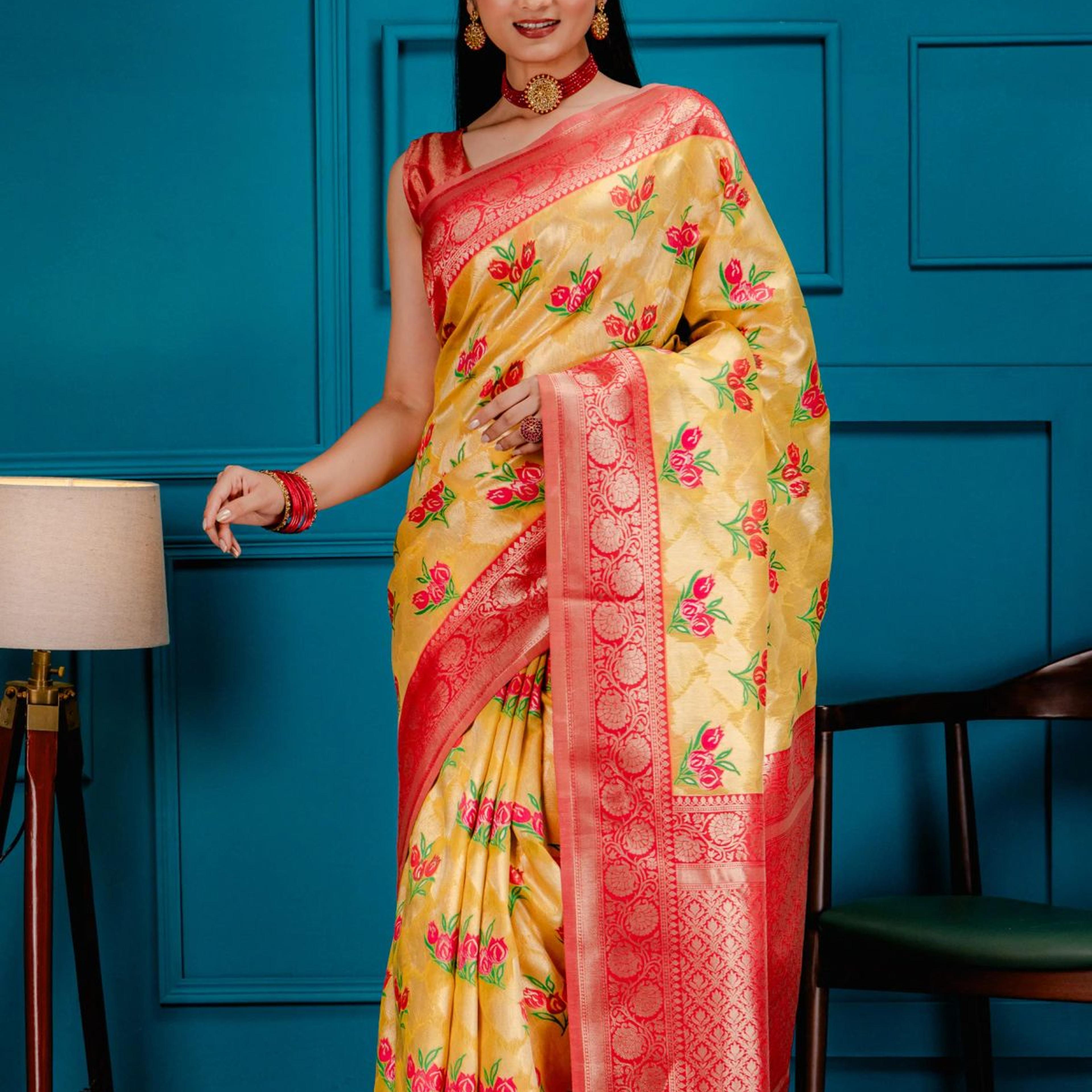 Mimosa Women's Woven Design Banarasi Style Art Silk Saree With Blouse Piece : SA00001606GDFREE
