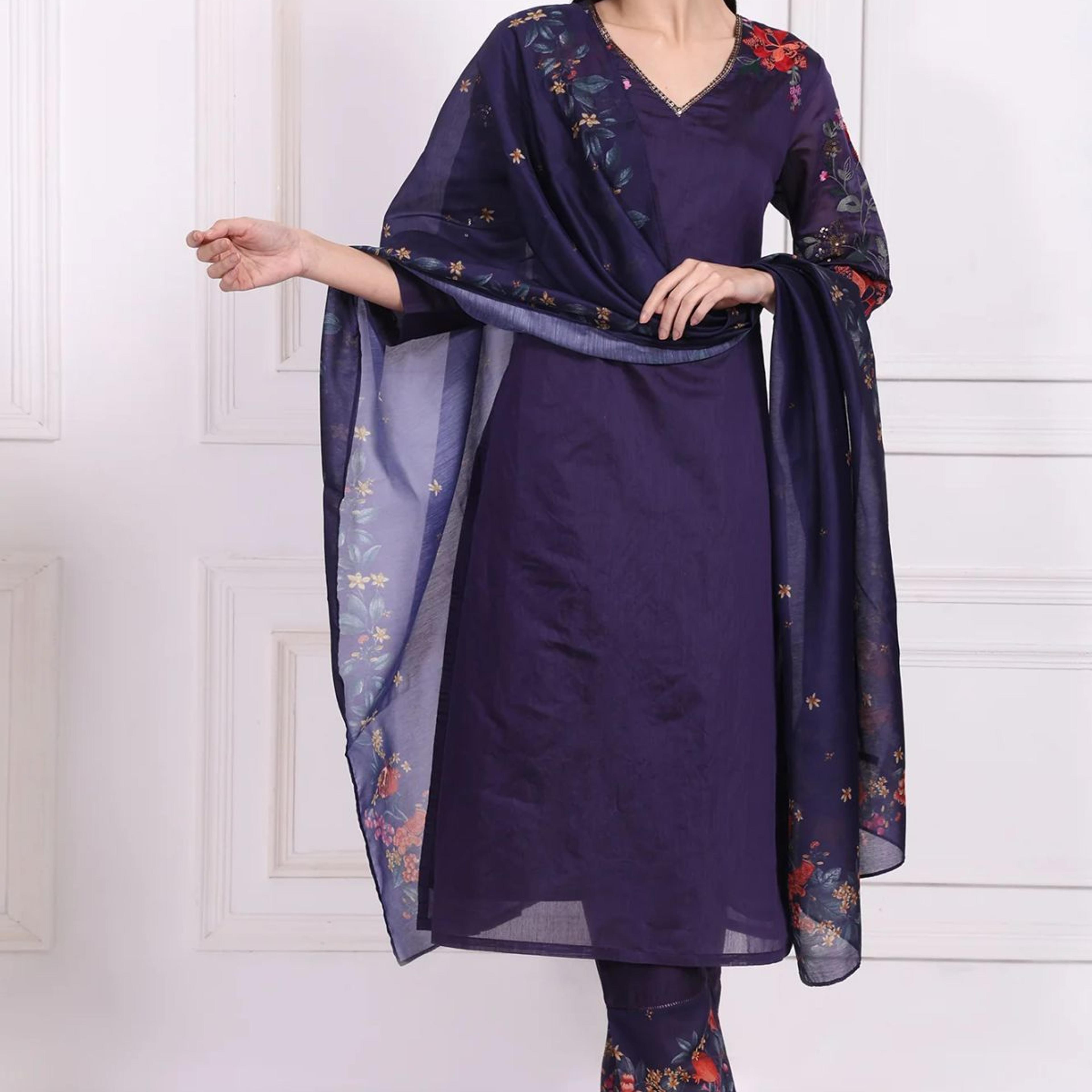 Purple Embroidered Straight Kurta with Straight Pant and Dupatta Set