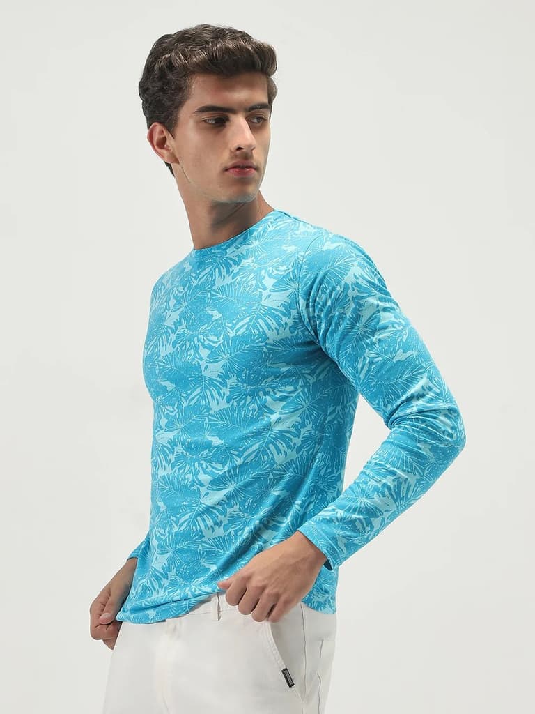 Men's Aqua Blue Printed Full Sleeve Slim Fit Cotton T-Shirt — photo 2