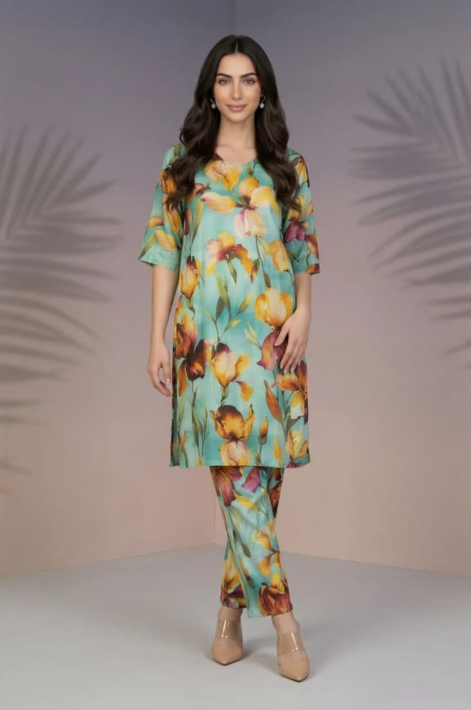 Turquoise Blue Floral Printed Straight Ankle Length Pants — photo 6
