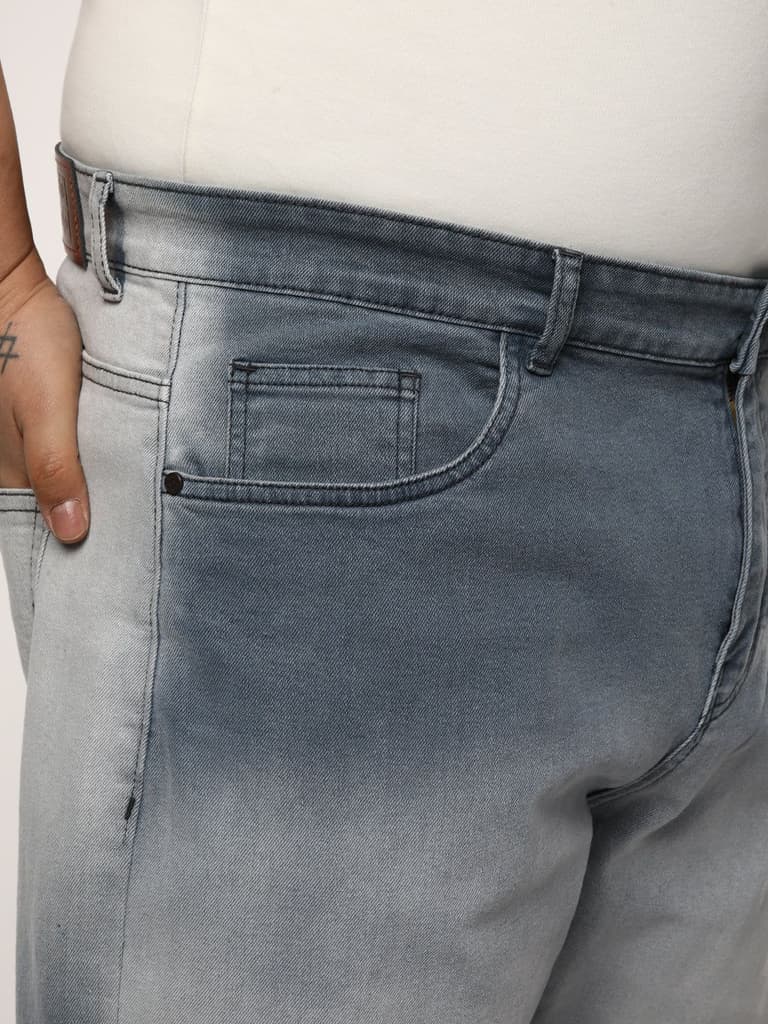 Plus Men's Grey Straight Fit Heavy Washed Faded Denim Jeans Stretchable — photo 5