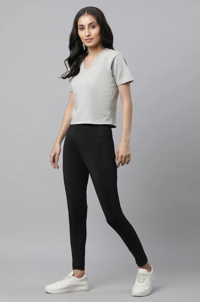 Black Solid Skinny Fit Tights With Elasticated Waist — photo 5