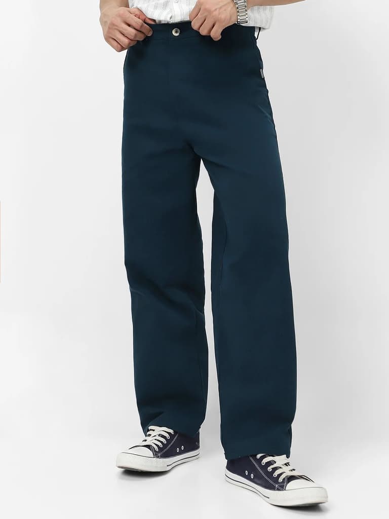 Men's Navy Loose Baggy Fit Solid Chino Trousers Non-Stretchable — 28 / Navy