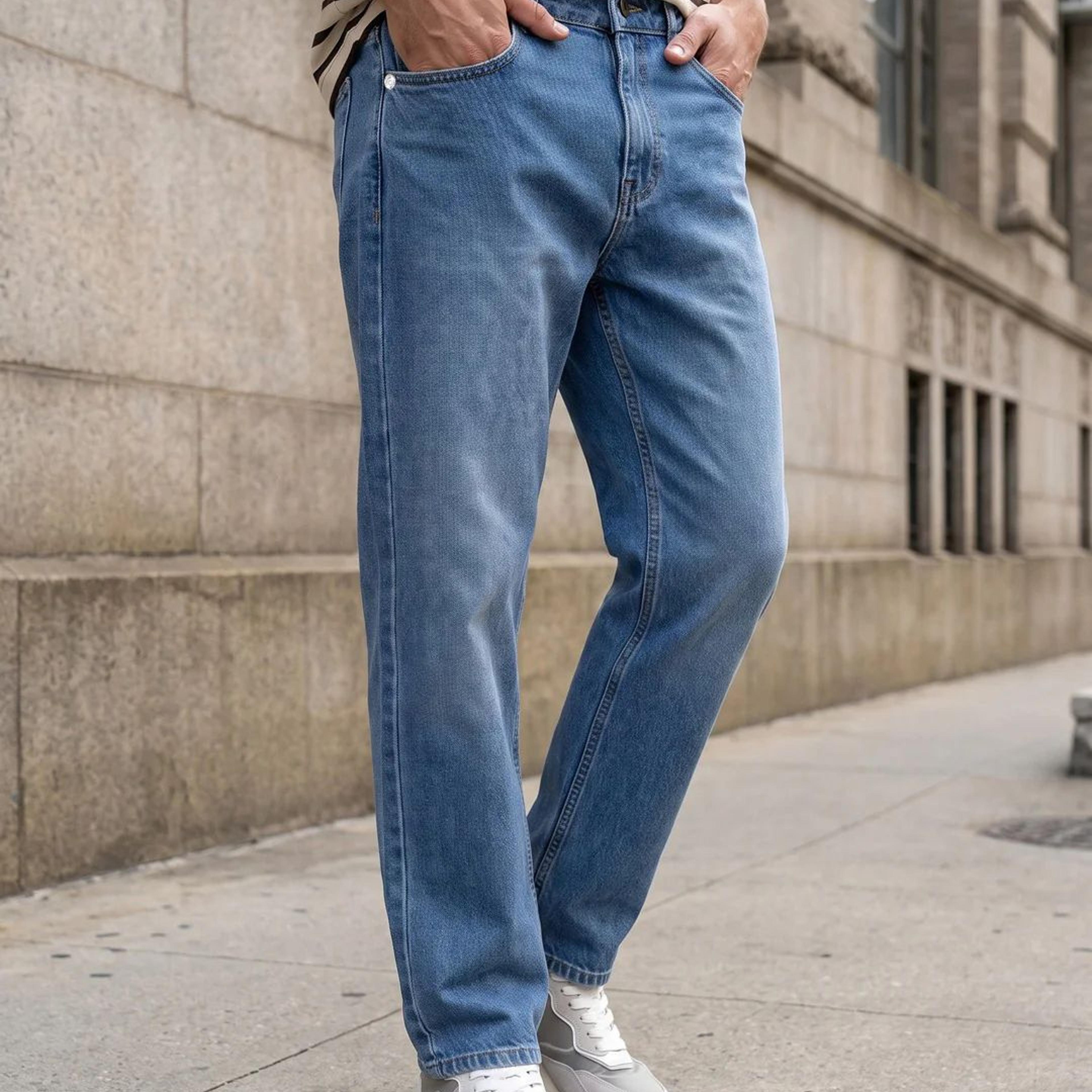 Men's Light Blue Relaxed Fit Washed Denim Jeans Non-Stretchable
