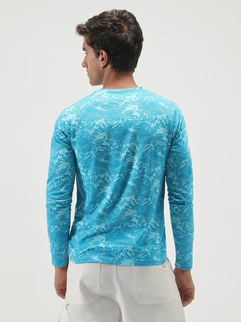 Men's Aqua Blue Printed Full Sleeve Slim Fit Cotton T-Shirt — photo 4