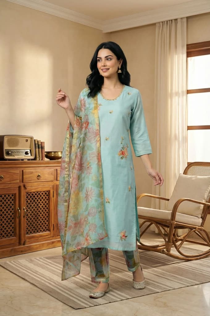 Aqua Blue Thread Embroidered Chanderi Straight Kurta with Pants and Dupatta Set — XS