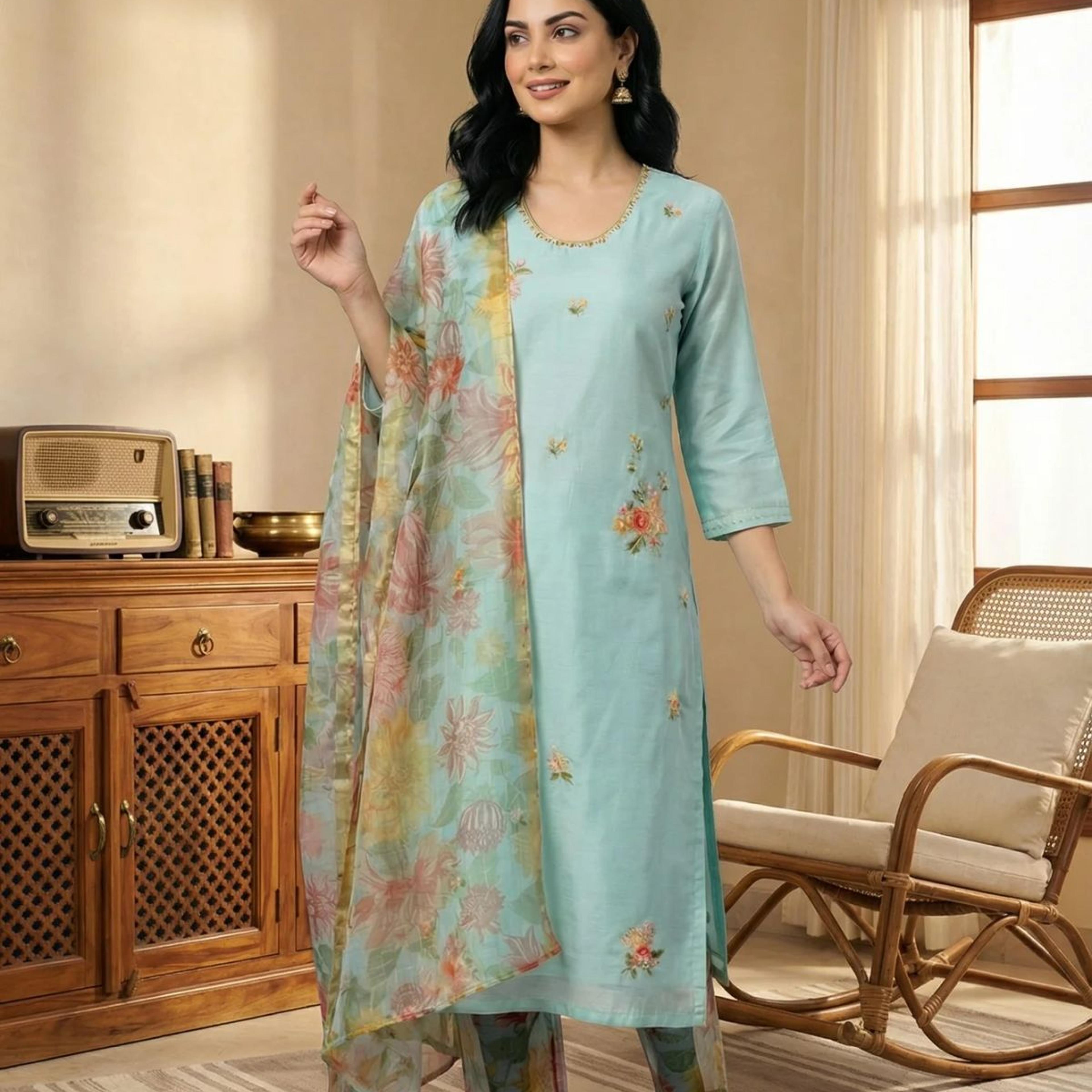 Aqua Blue Thread Embroidered Chanderi Straight Kurta with Pants and Dupatta Set