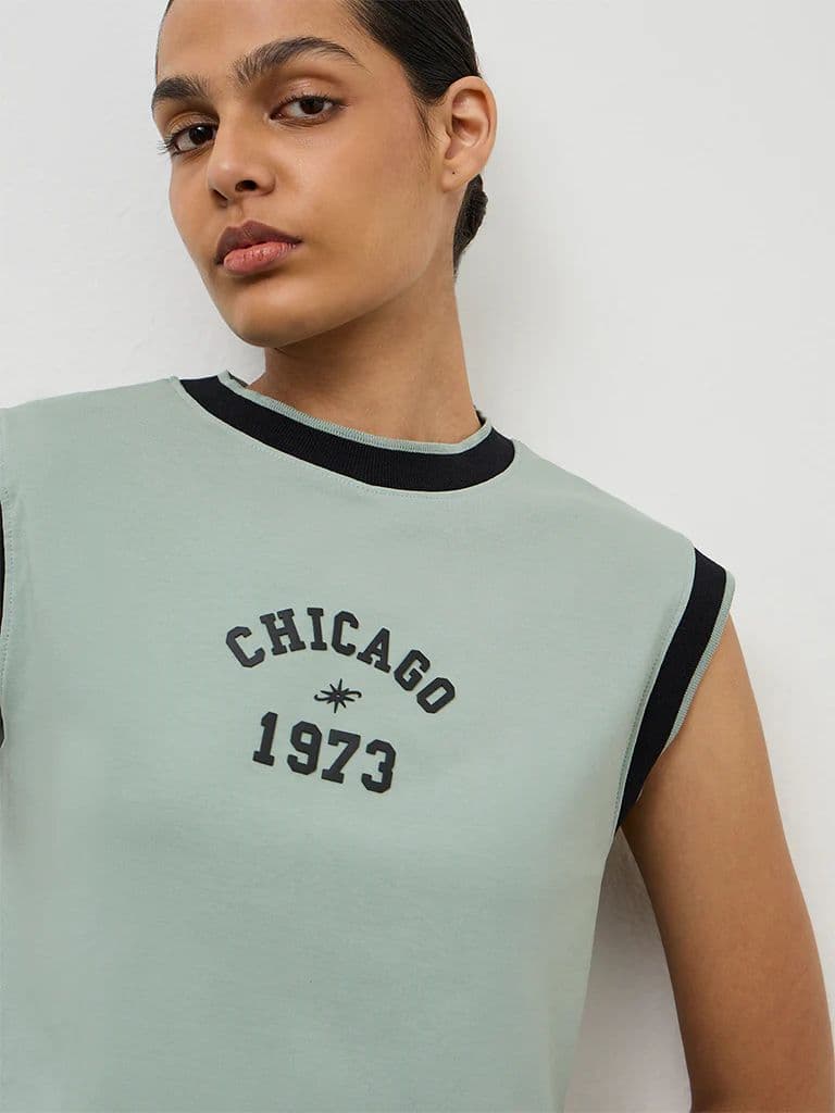 Nuoflexx Sage Green Text Printed Cotton-Blend T-Shirt — photo 3