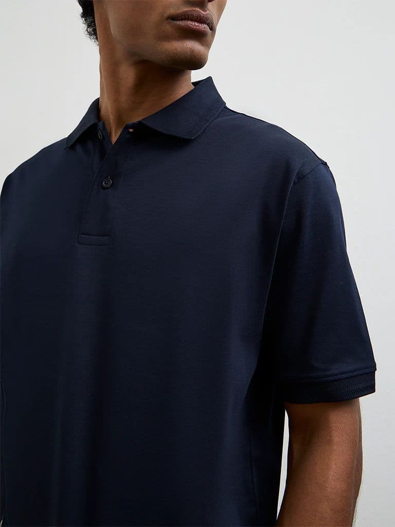 WES Casuals Navy Relaxed-Fit Cotton Polo T-Shirt — photo 4
