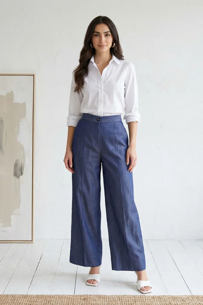 Blue Solid Tencel Relaxed Fit Ankle Length High Rise Pants — photo 6