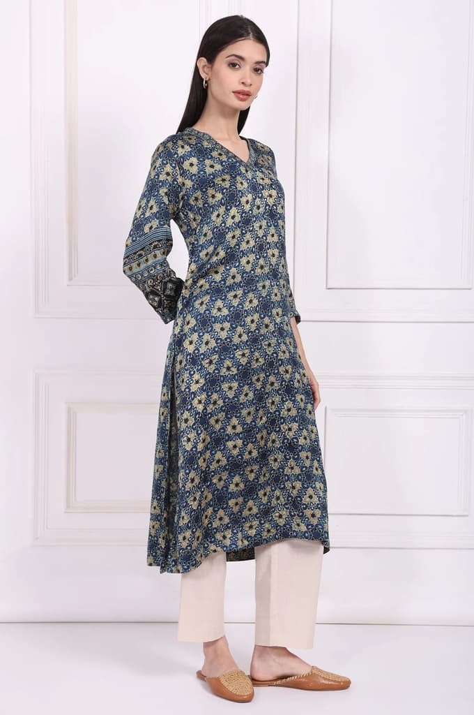 Blue Floral Printed Thread Embroidered Modal Satin Straight Kurta — photo 6