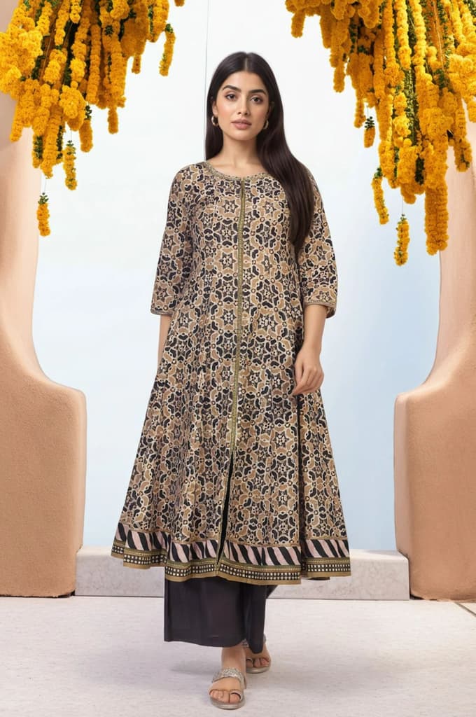Beige Geometric Printed Embroidered Anarkali Cotton Kurta with Parallel Pant Set — photo 2