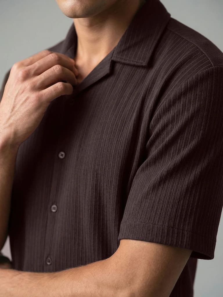 Men's Brown Cotton Half Sleeve Oversized Fit Textured Shirt with Cuban Collar — photo 6