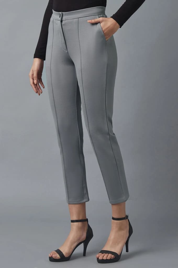 Grey Solid Straight Fit Trousers With Pintuck Detail — photo 3