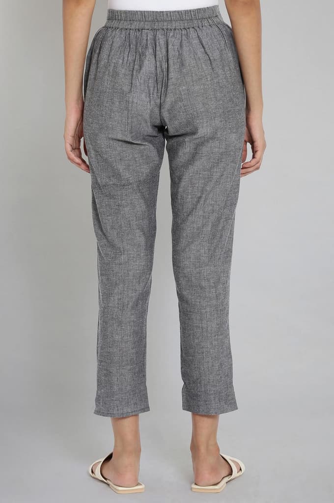 Grey Solid Straight Fit Cotton Trousers With Elasticated Waistband — photo 2