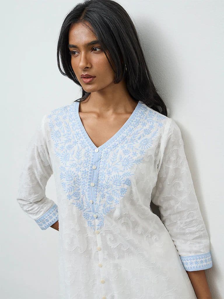 Utsa White Floral Embroidered Cotton A-Line Kurta — photo 3