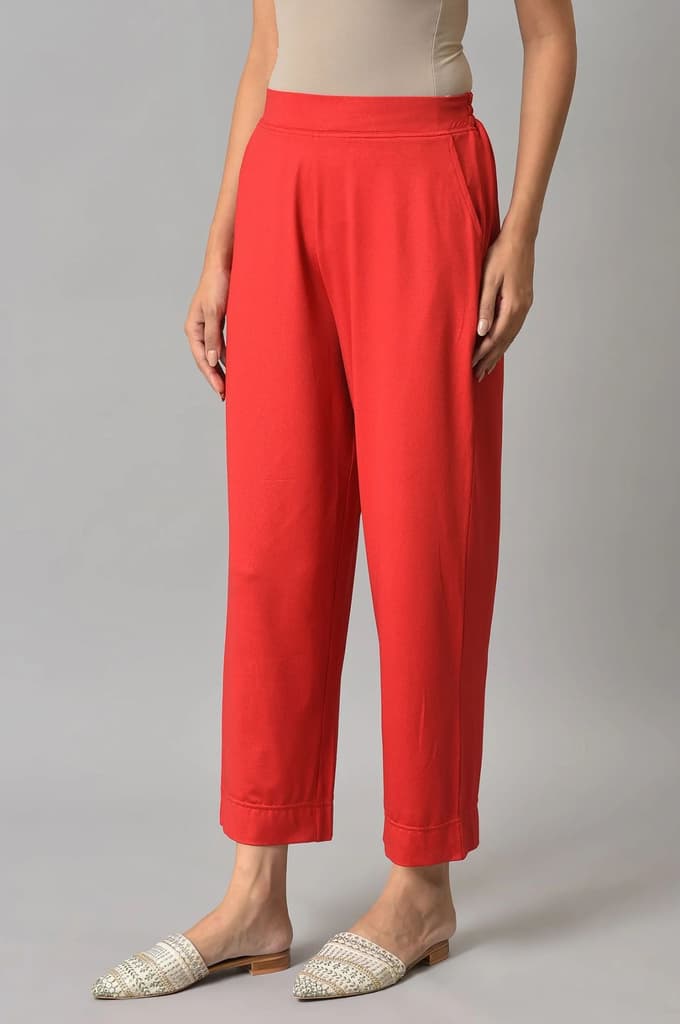 Red Solid Straight Fit Palazzo With Side Pockets — photo 3