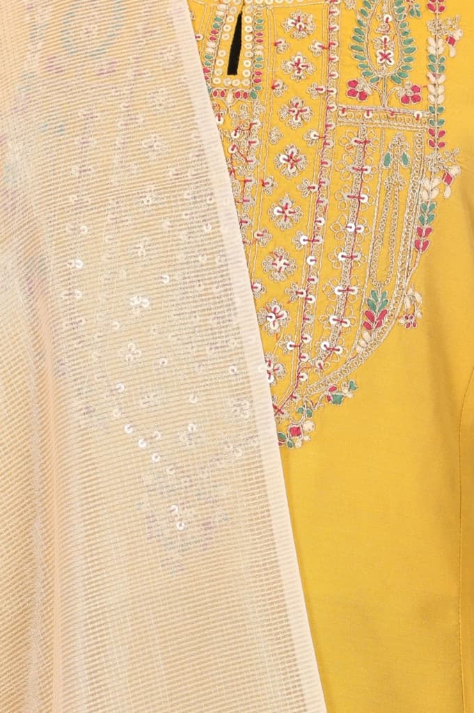 Yellow Embroidered A-Line Rayon Kurta with Straight Pant and Dupatta Set — photo 3