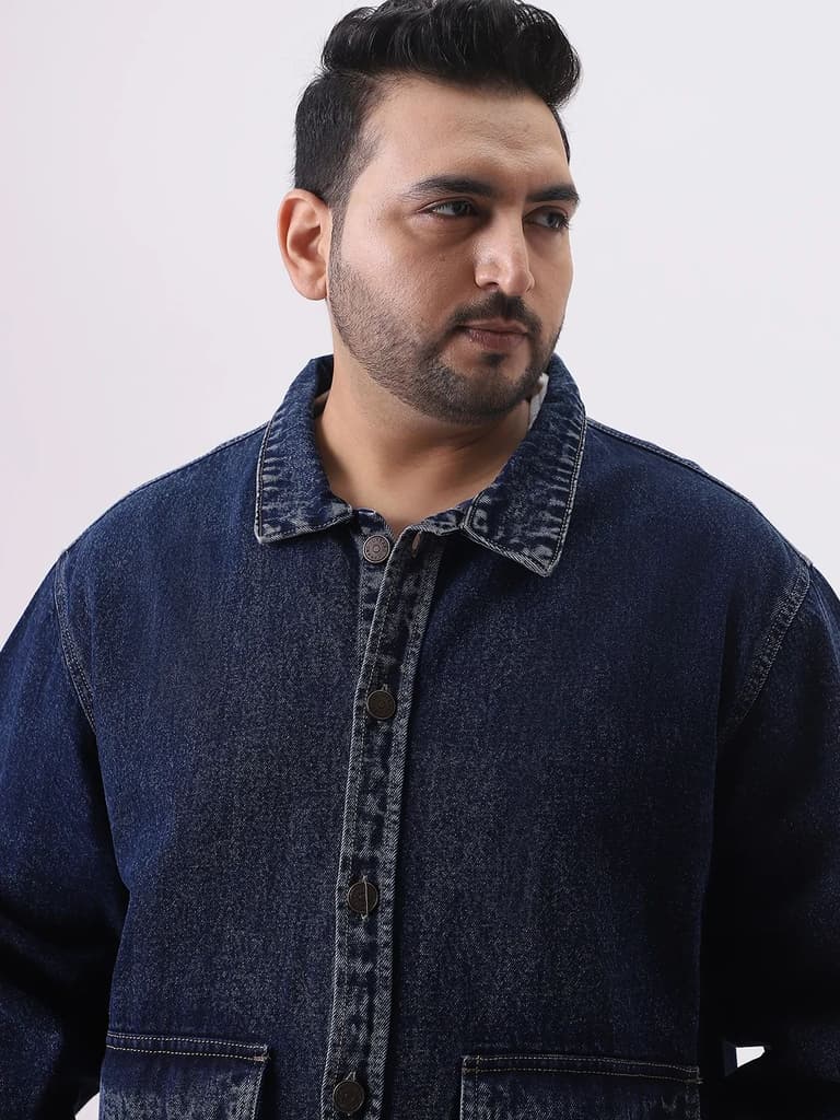 Plus Men's Dark Blue Relaxed Fit Full Sleeve Utility Denim Jacket — photo 6