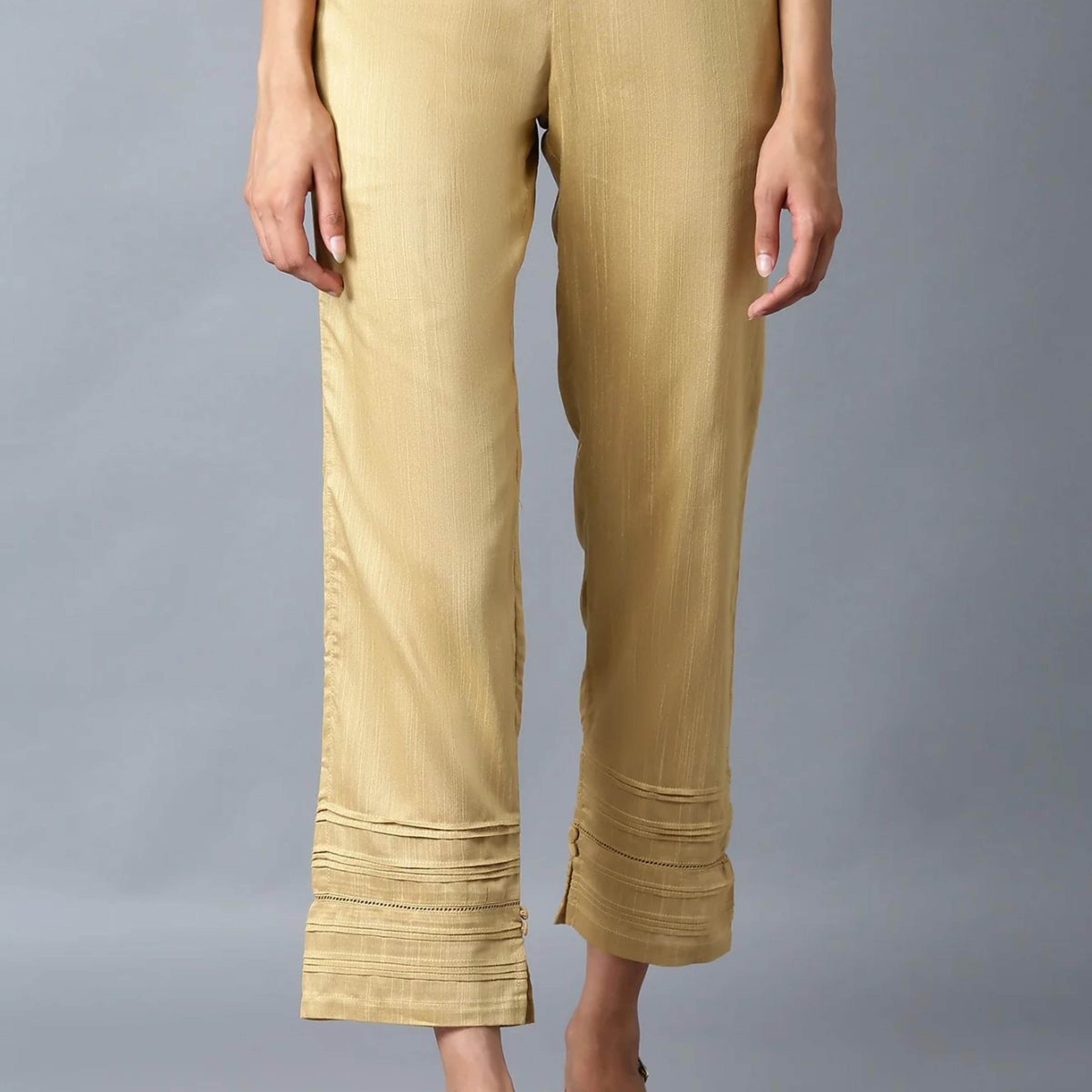 Elleven Women's Gold Solid Straight Fit Ankle Length Mid Rise Trousers