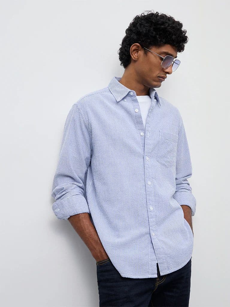 WES Casuals Blue Striped Slim-Fit Cotton Shirt — photo 2