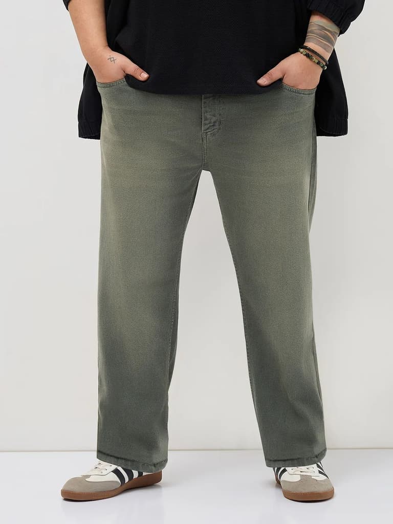 Plus Men's Grey Regular Fit Whisker Washed Yellow Tint Denim Jeans Stretchable — 36 / Grey