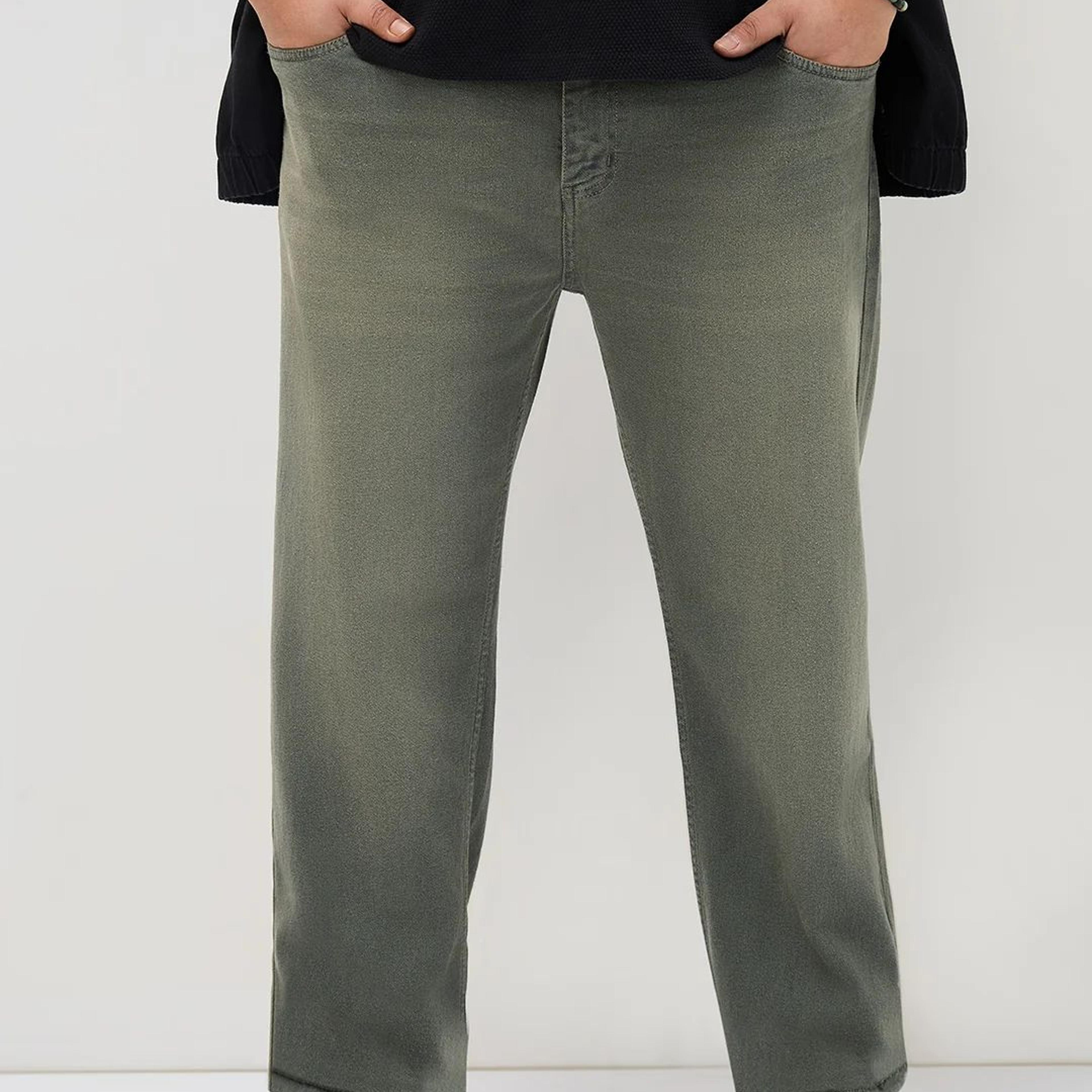 Plus Men's Grey Regular Fit Whisker Washed Yellow Tint Denim Jeans Stretchable