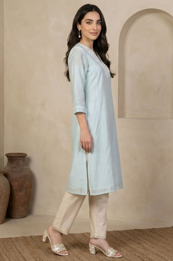Blue Yarn Dyed Chikankari Embroidered Straight Kurta — photo 6