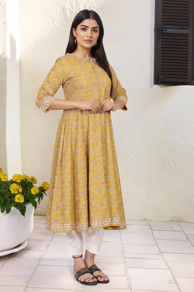 Mustard Floral Printed Rayon A-Line Kurta with Straight Pant — photo 6