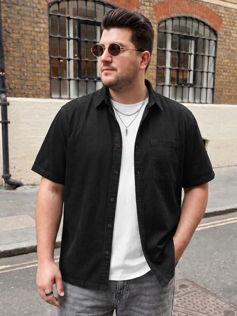 Plus Men's Black Oversized Fit Half Sleeve Solid Casual Denim Shirt — 2XL / Black