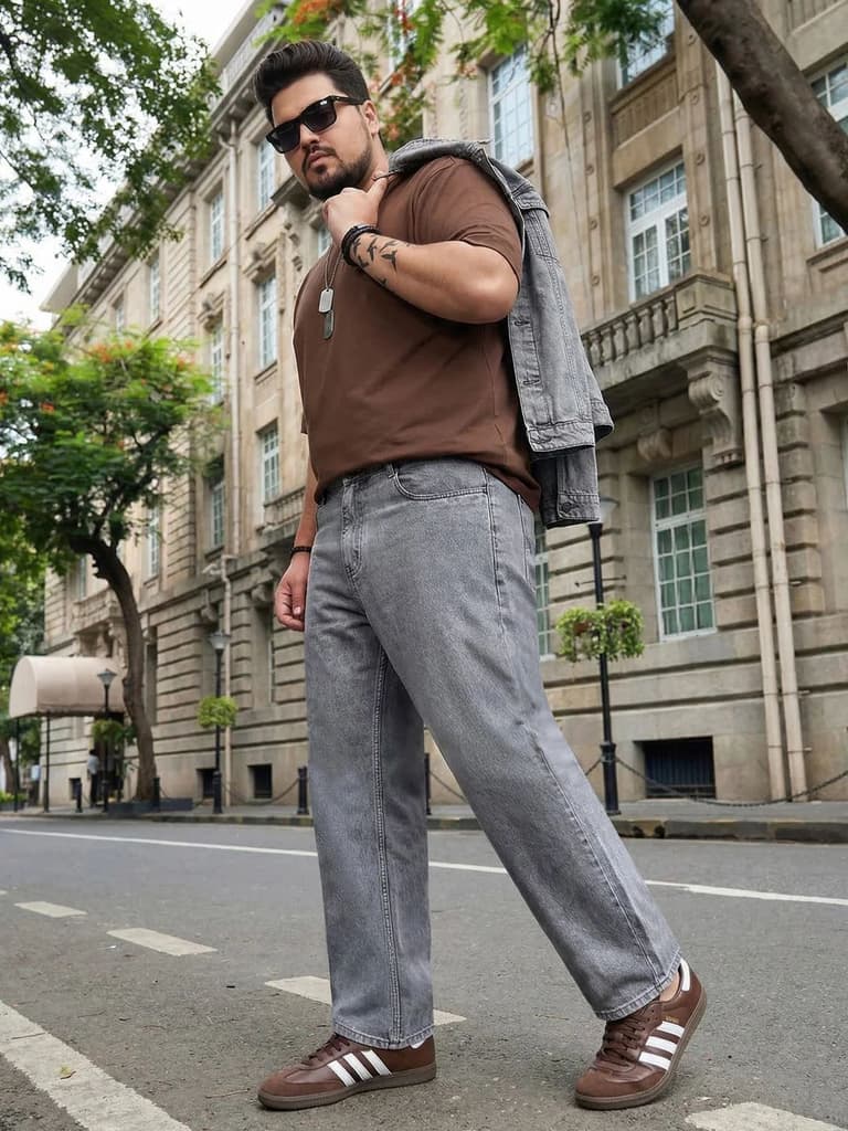 Plus Men's Ice Grey Relaxed Fit Washed Denim Jeans Non-Stretchable — photo 4