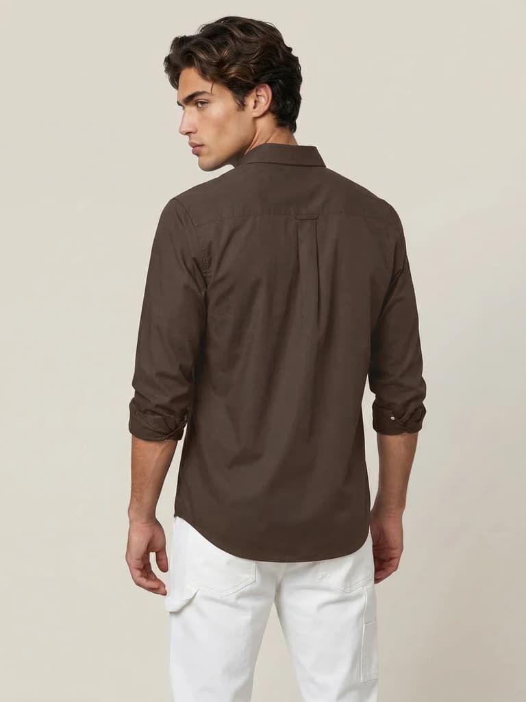 Men's Brown Cotton Full Sleeve Regular Fit Solid Oxford Shirt With Button-Down Collar — photo 3