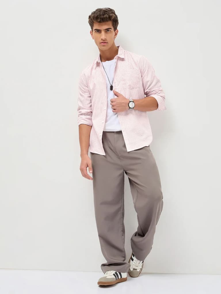 Men's Light Pink Cotton Full Sleeve Regular Fit Casual Striped Shirt — photo 5