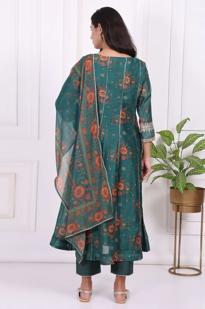 Green Floral Printed Sequined Flared Kurta, Straight Pants and Dupatta Set — photo 5