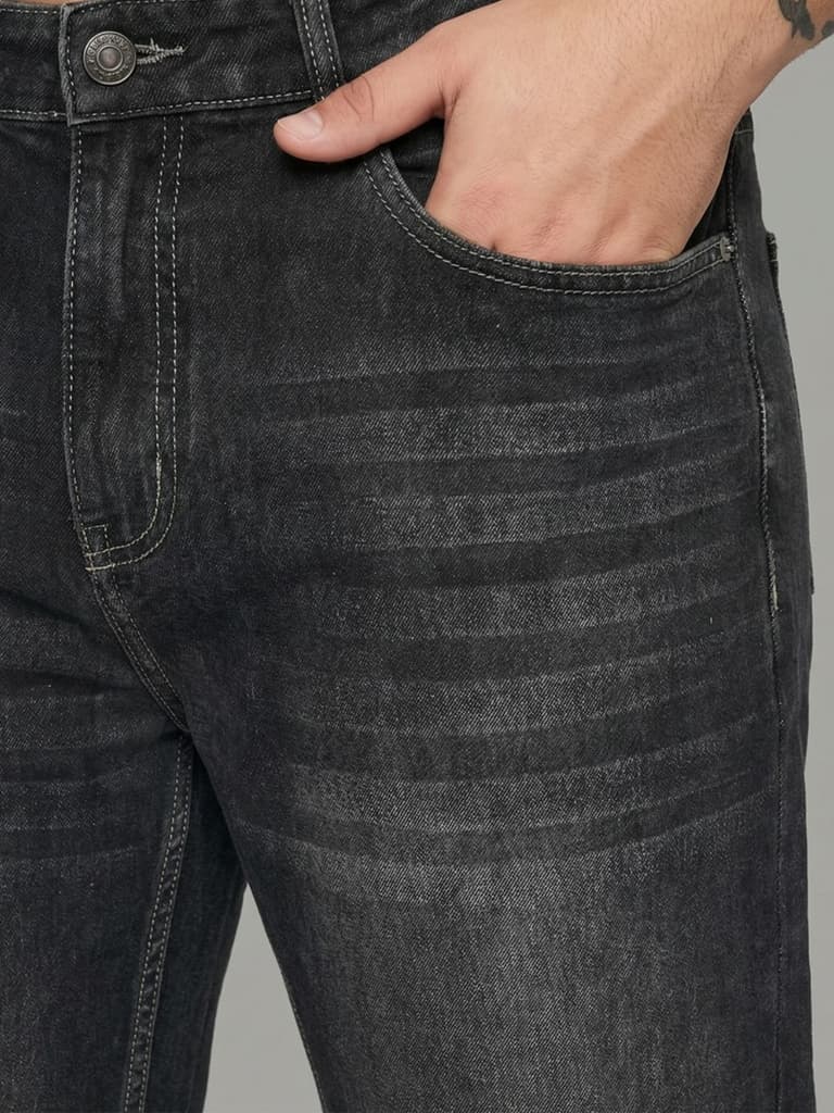 Plus Men's Dark Grey Relaxed Fit Washed Denim Jeans Non-Stretchable — photo 5