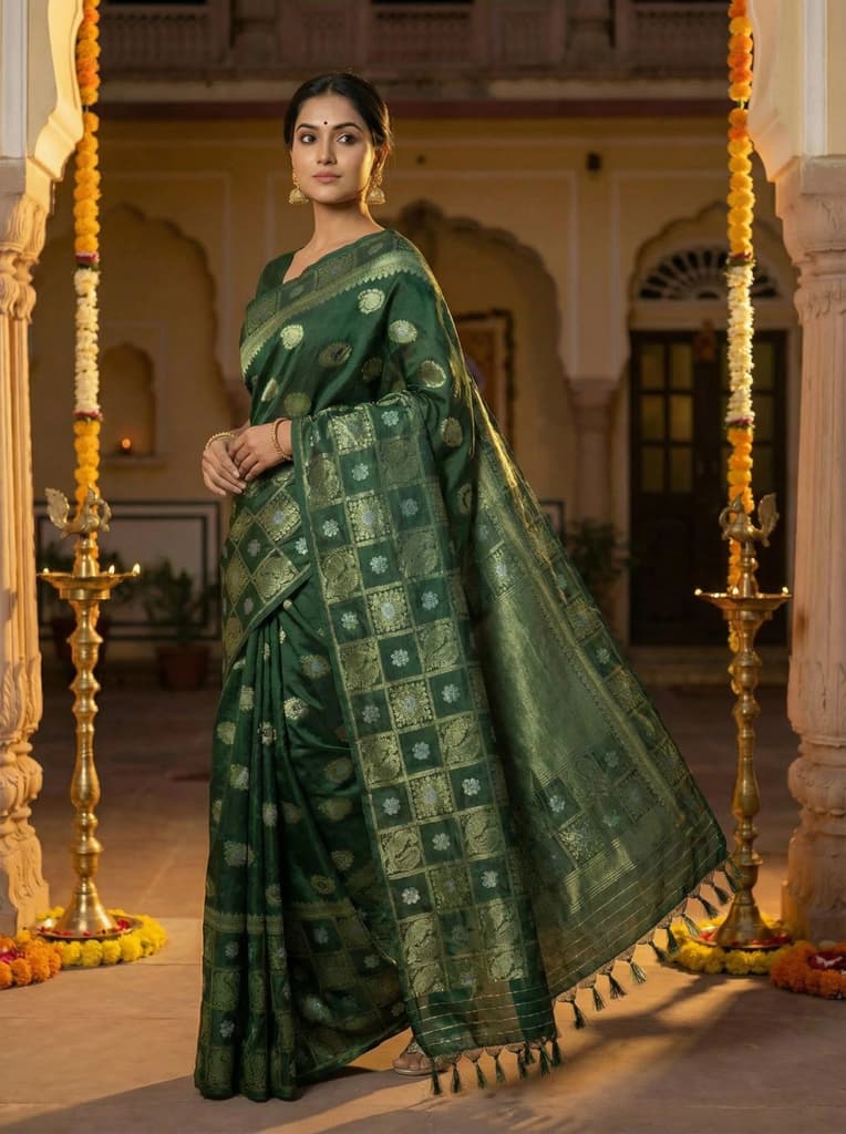 MIMOSA Women's Woven Design Banarasi Style Chiffon Saree with Blouse Piece - Green ( SA00003124GRNFREE ) — photo 3