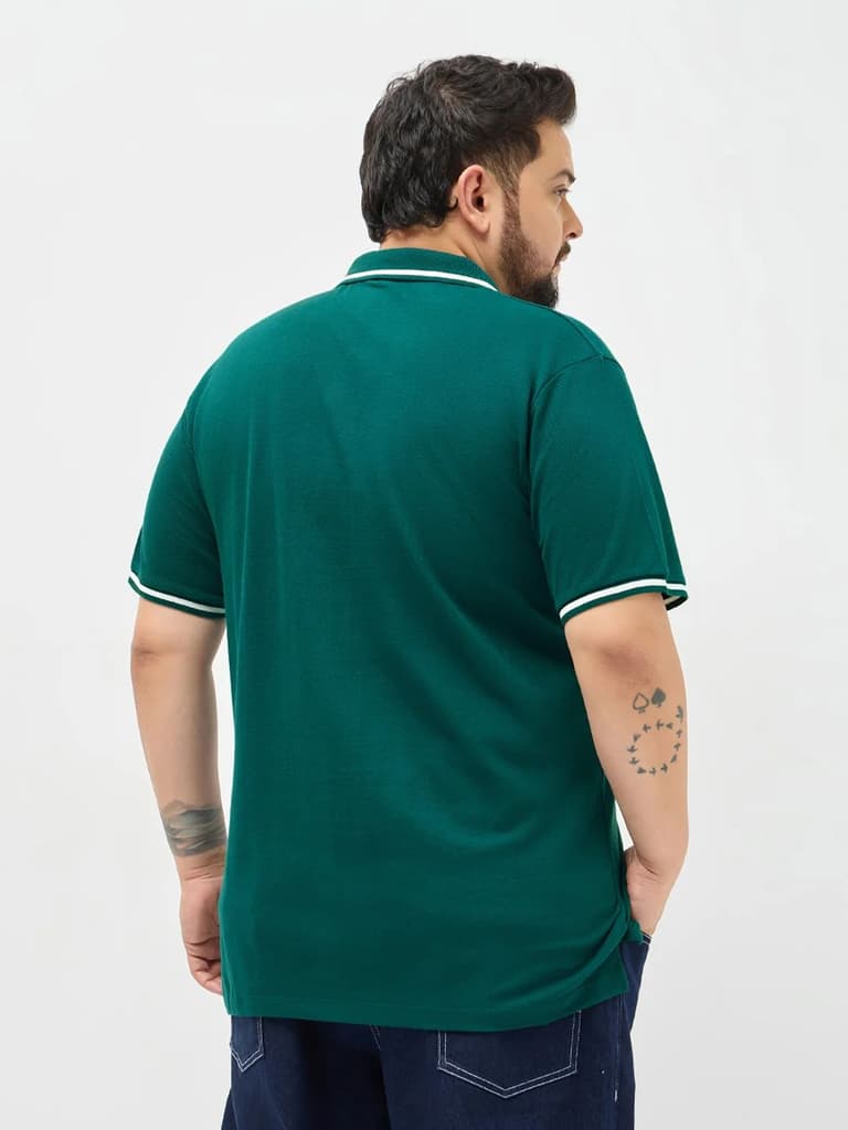 Plus Men's Teal Green Solid Regular Fit Half Sleeve Cotton Polo T-Shirt — photo 3