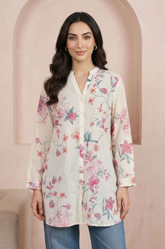Off White Floral Printed Pure Cotton Straight Tunic — photo 6