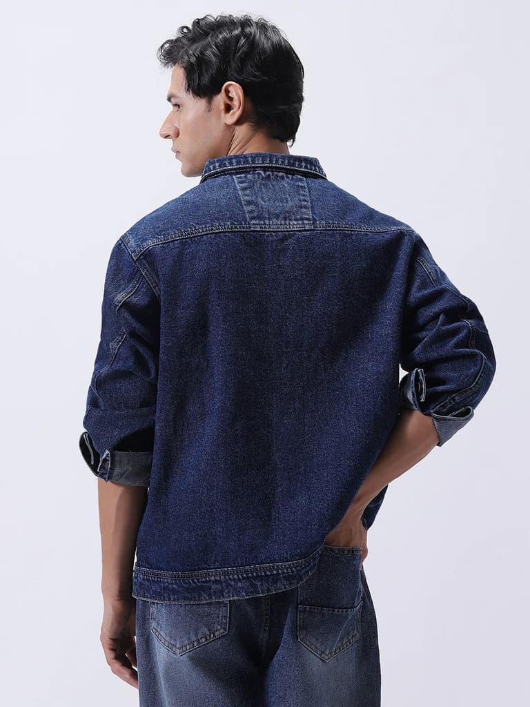 Men's Blue Relaxed Fit Full Sleeve Utility Denim Jacket — photo 4