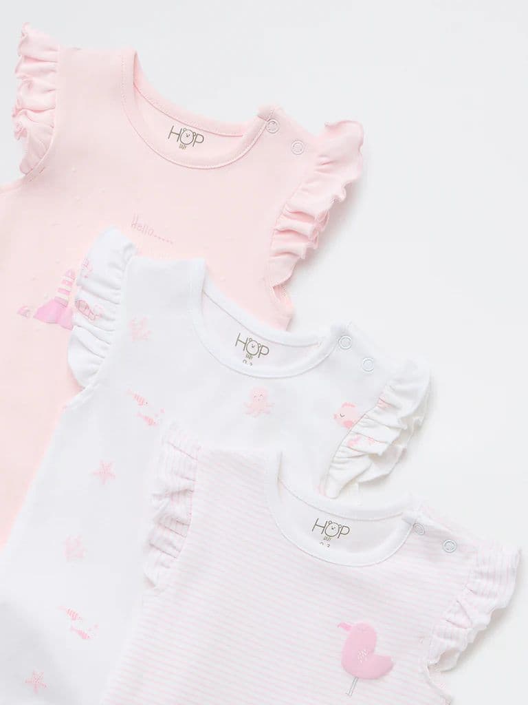 HOP Baby Girls Pink Printed Cotton Rompers - Pack of 3 — photo 3