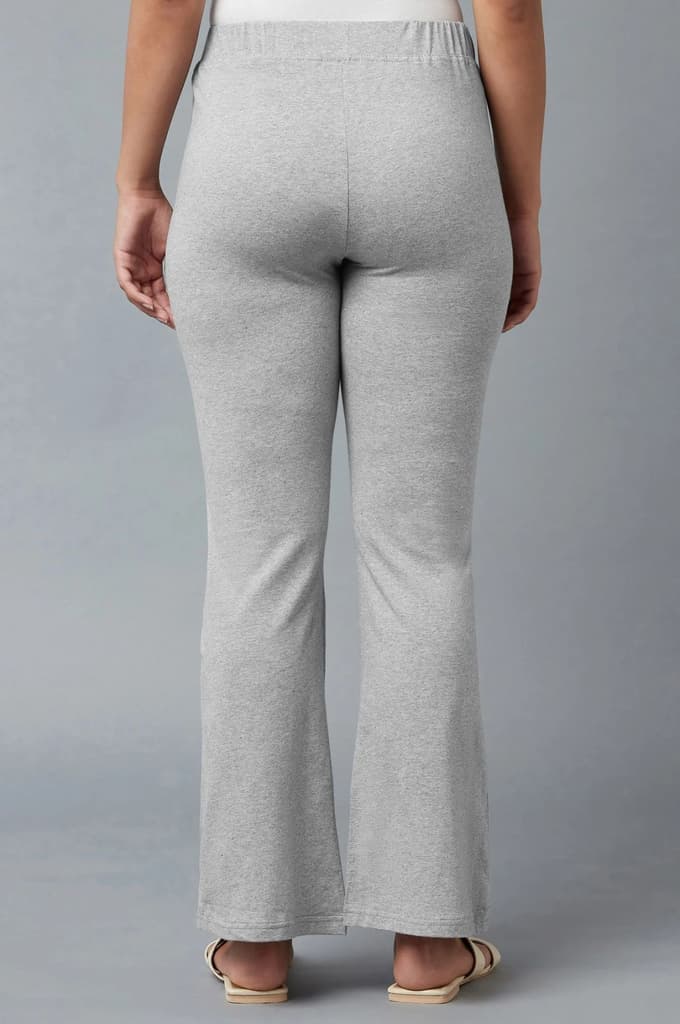 Grey Solid Flared Cotton Pants With Slip On Closure — photo 4