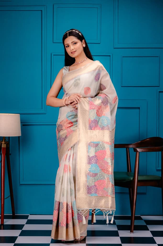 Mimosa Women's Woven Design Banarasi Style Art Silk Saree With Blouse Piece : SA00001787HWFREE — Halfwhite