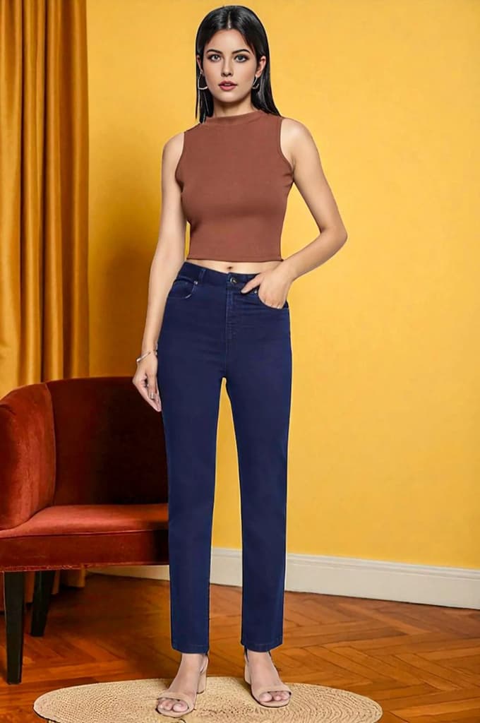 Blue Cotton Lycra Ankle Length Denim Straight Pants with YKK Zipper