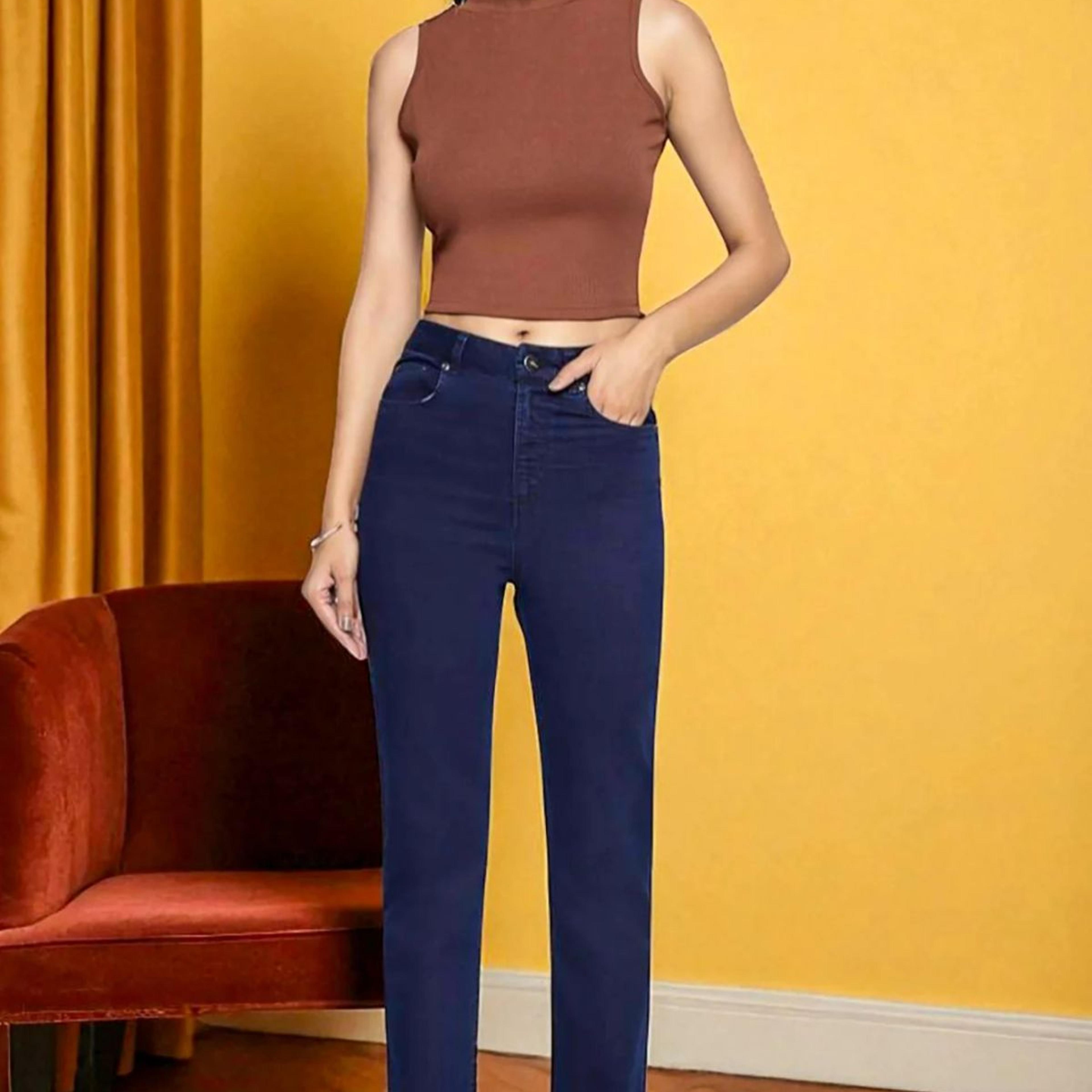 Blue Cotton Lycra Ankle Length Denim Straight Pants with YKK Zipper