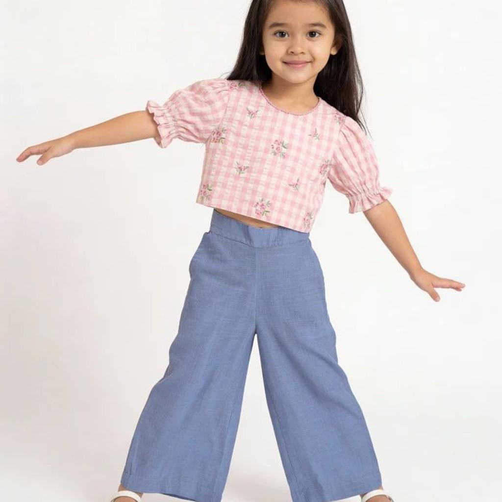 Utsa Kids Girls Blue Wide-Leg Cotton Culotte Pants - (2-8 yrs)