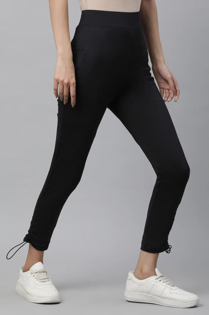 Black Solid Skinny Fit Yoga Tights With Drawstring — photo 3