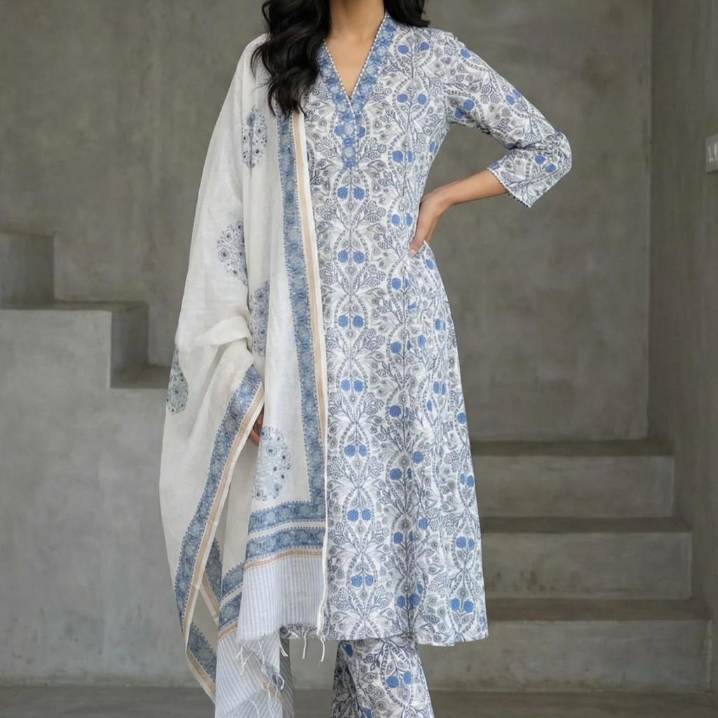 White Block Printed Pure Cotton Straight Kurta with Pants and Dupatta Set