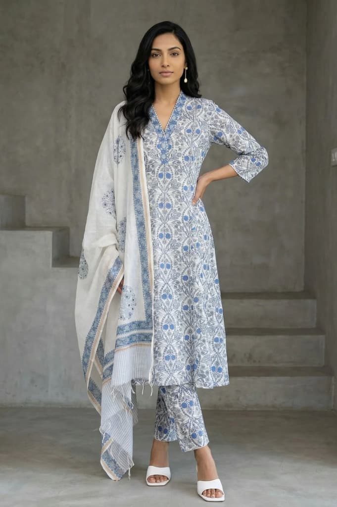 White Block Printed Pure Cotton Straight Kurta with Pants and Dupatta Set — XS
