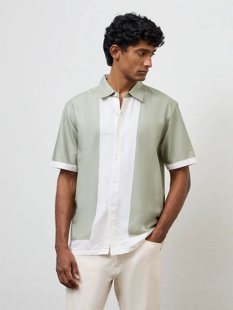 Ascot Sage Color-Blocked Relaxed-Fit Cotton-Blend Shirt — photo 2