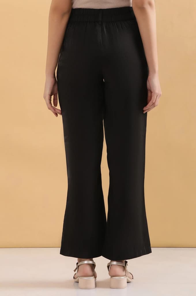 Black Solid Straight Fit Rayon Pants With Button And Zip Closure — photo 4